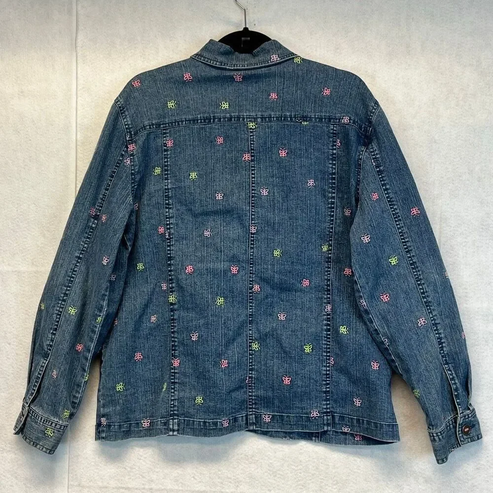 Vintage ALFRED DUNNER Denim Jacket Size 12‎ Blue 80s Embroidered Butterfly Cute!